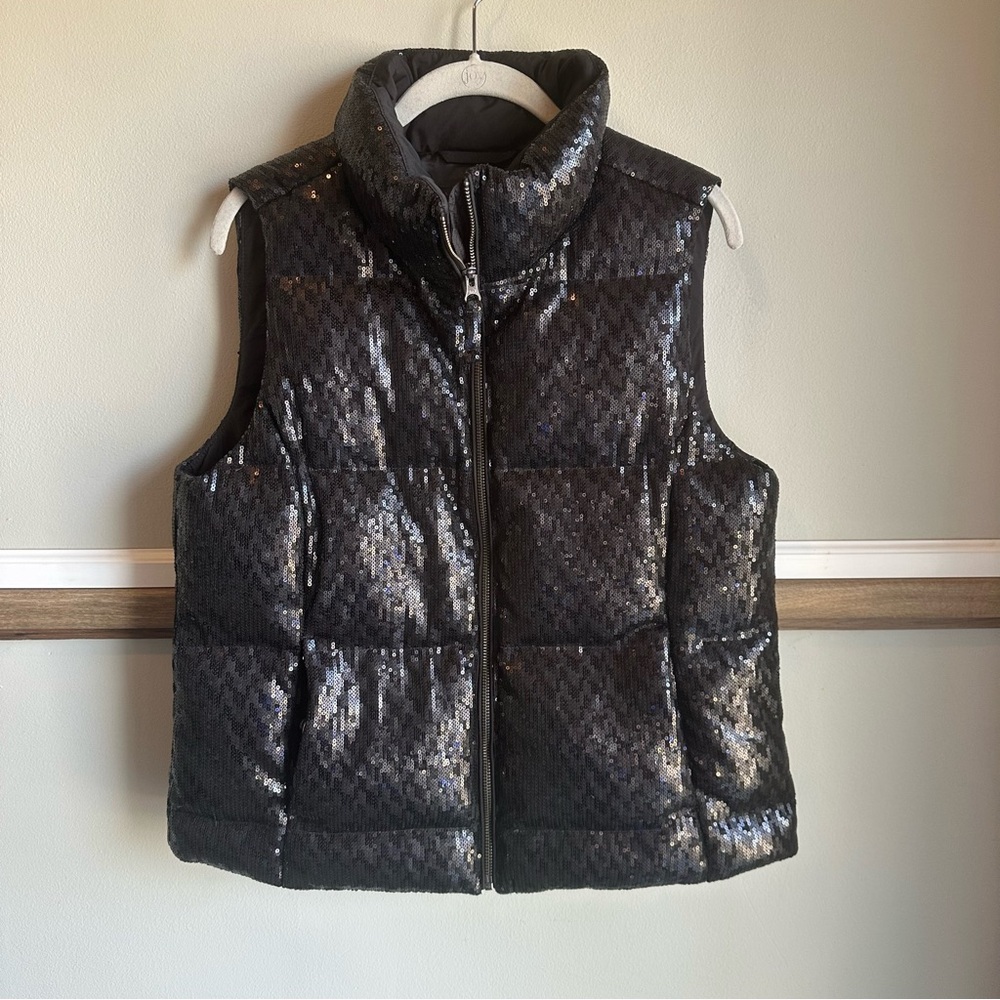 Talbots Black Sequin Down Alternative Puffer Vest Full Zip